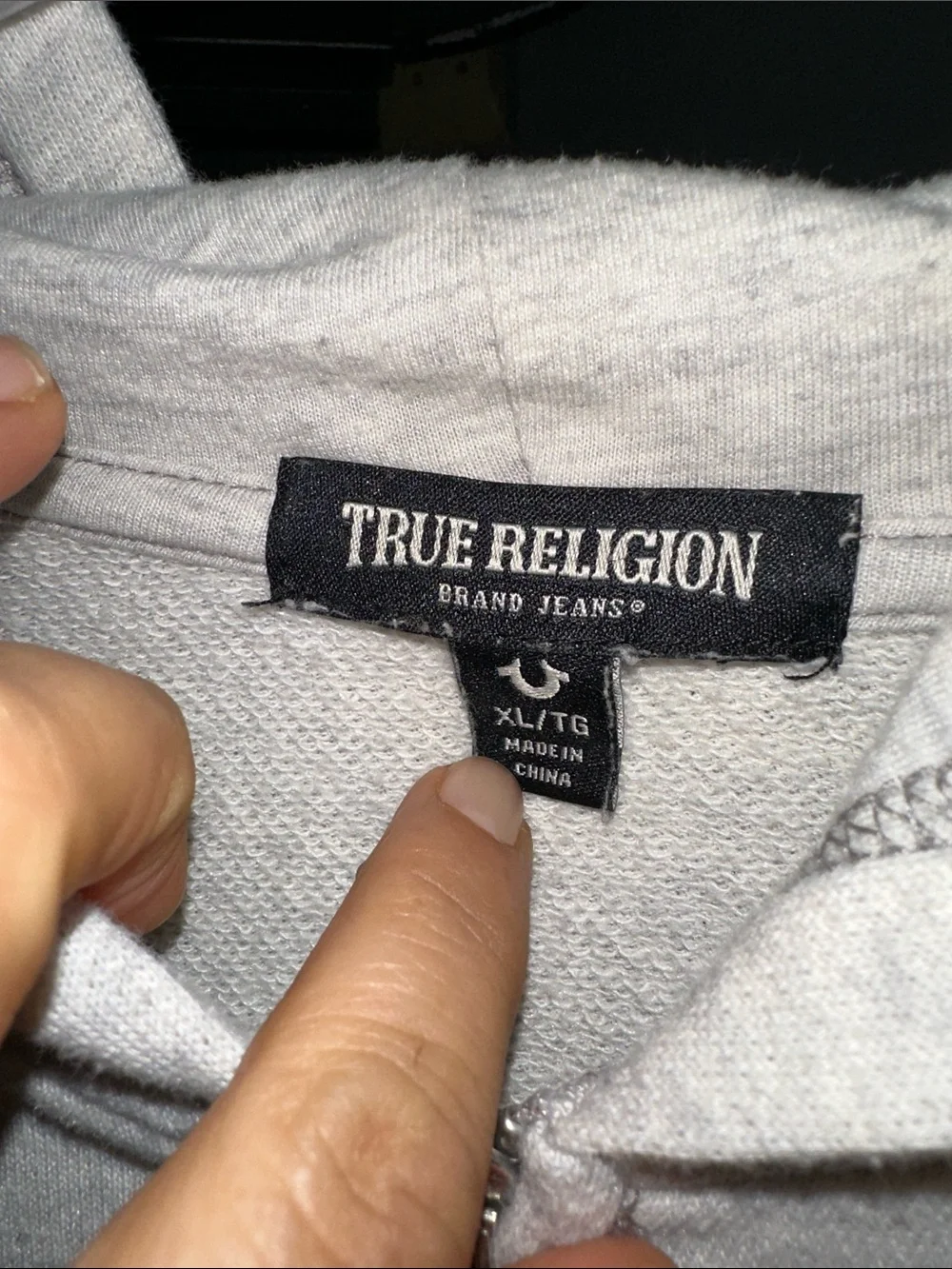 True Religion Heather Gray Zip Hoodie with Navy Horseshoe